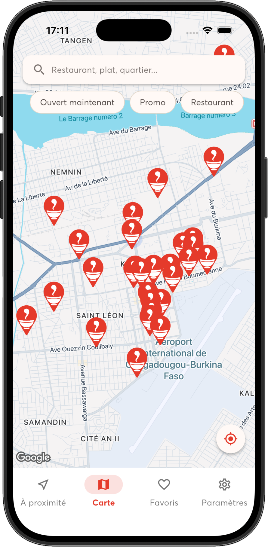 La carte de l'application, avec les marqueurs des restaurants