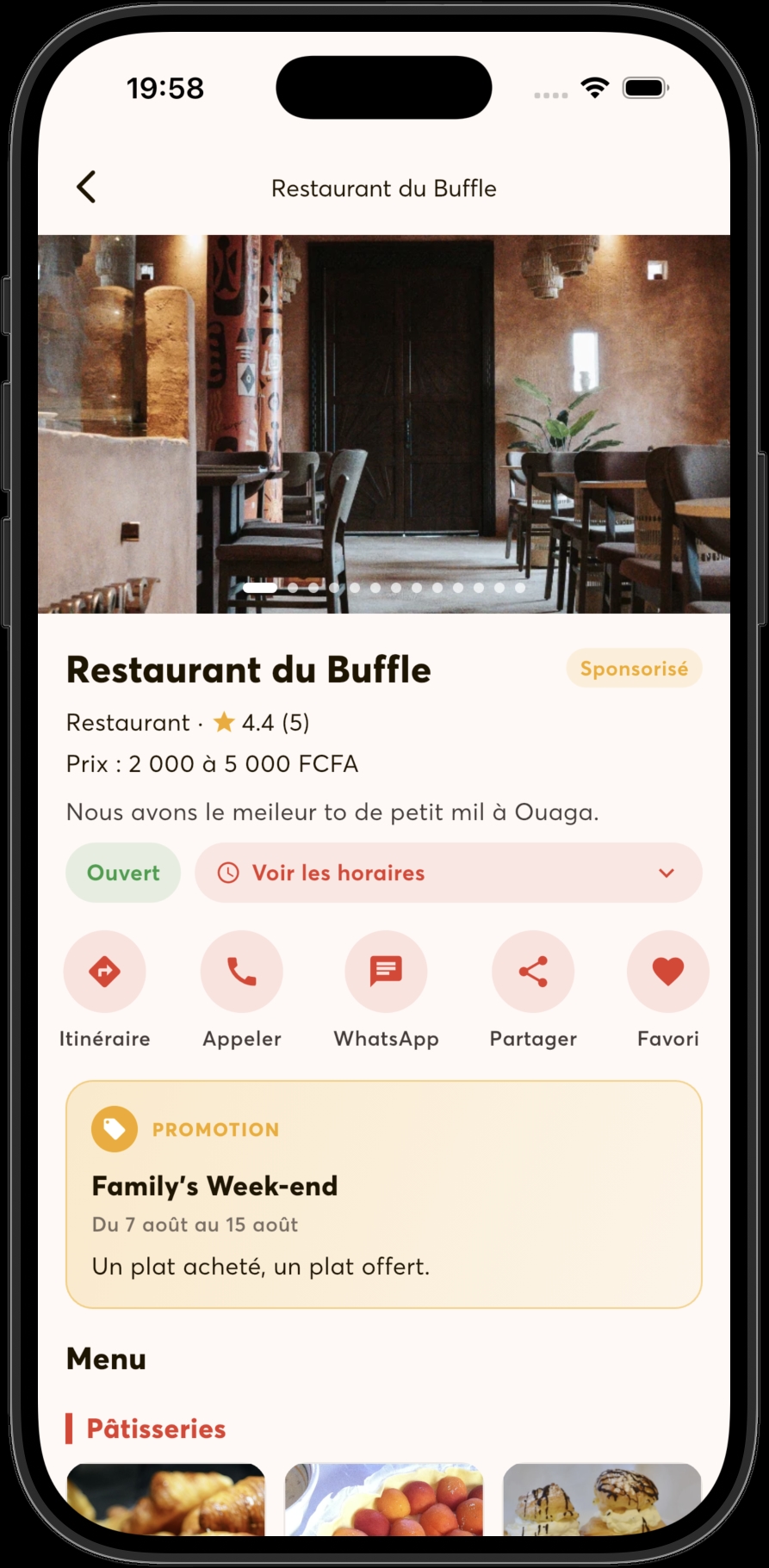 La fiche d'un restaurant : photos, note, prix, horaires et boutons Itinéraire, Appeler, WhatsApp