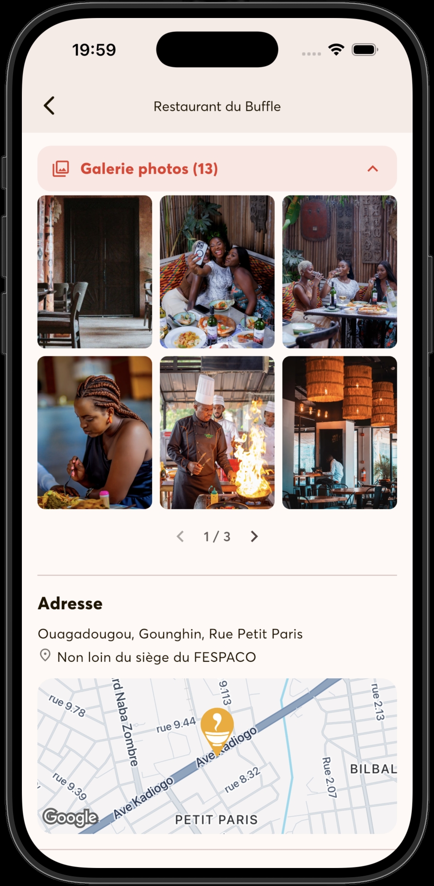 La galerie photos d'un restaurant et son adresse sur la carte