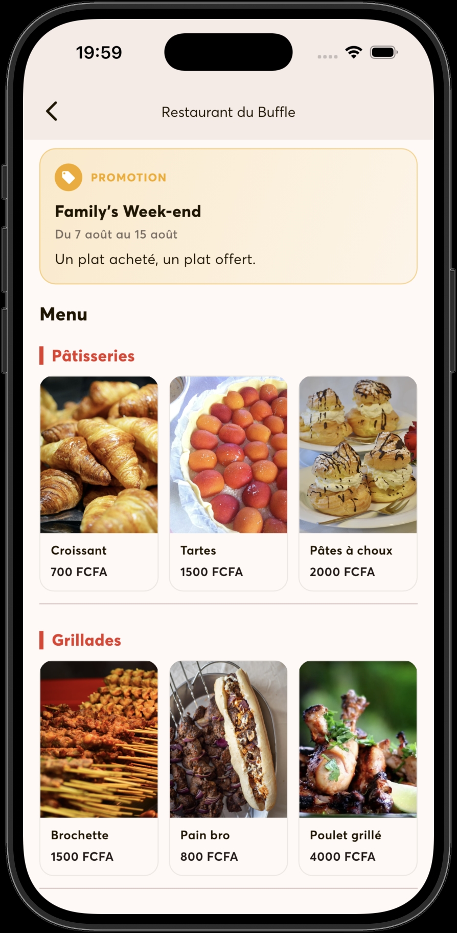 Le menu d'un restaurant, avec la photo et le prix de chaque plat